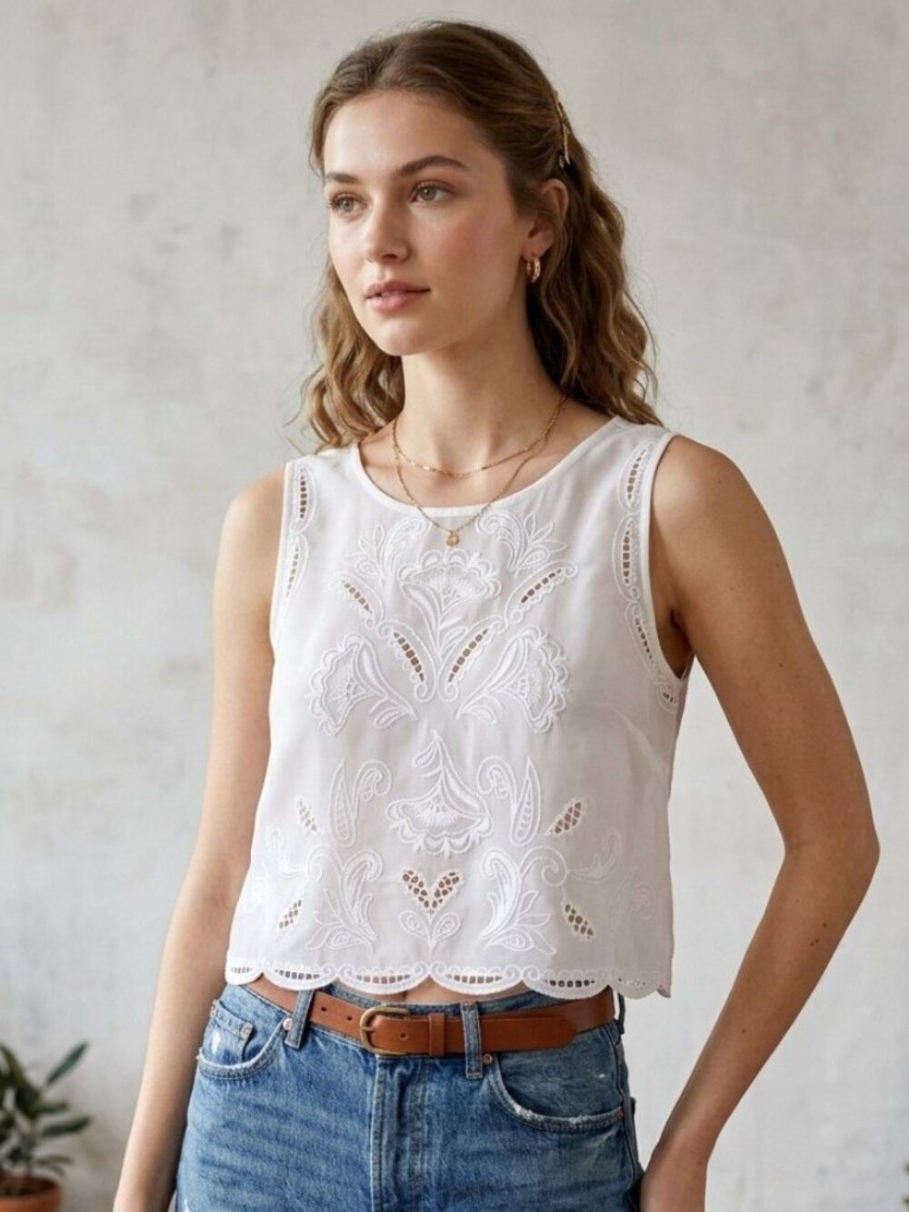 Vintage Brandy Melville White Sheer Embroidered Crop Tank Top.